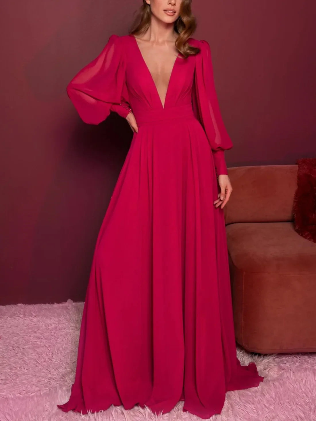 Luolandi A-Line Deep V-Neck Long Sleeves Floor-Length Evening Dress with Ruffles Solid Color